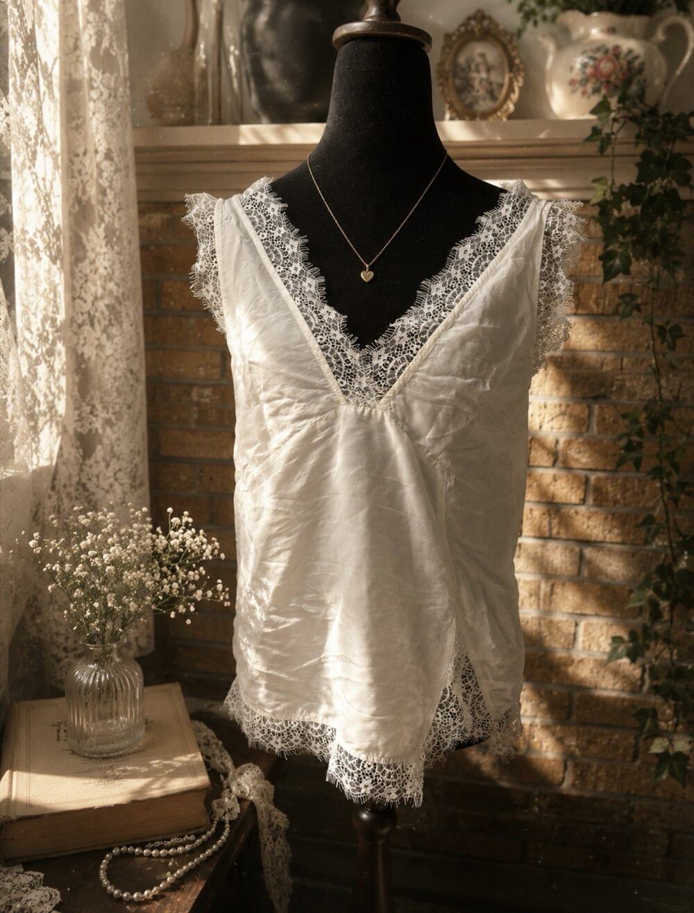 PINKO Top Silk Blend Romantic Cottage Core Eyelash Lace trim Delicate Ethereal